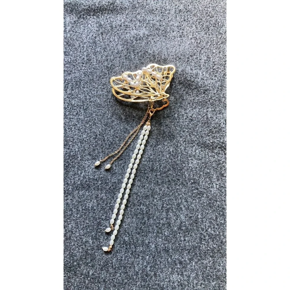 Gold Butterfly Hair Claw Clip Pearls Tassel Elegant Women Hair Accessory‎